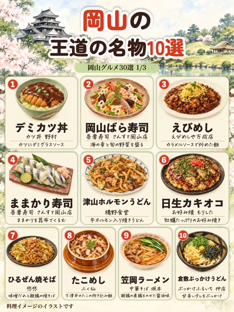 岡山グルメ 王道の名物10選のイラスト(デミカツ丼、岡山ばら寿司、えびめし、ままかり寿司、津山ホルモンうどん、日生カキオコなど)