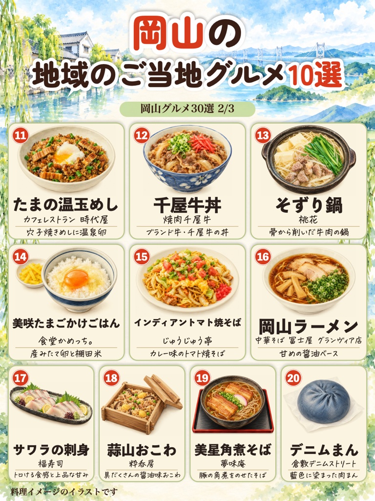 岡山グルメ 地域のご当地グルメ10選のイラスト(たまの温玉めし、千屋牛丼、そずり鍋、美咲たまごかけごはん、インディアントマト焼そばなど)
