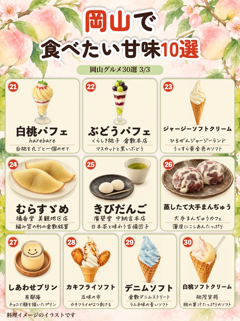 岡山グルメ 現地で食べる甘味10選のイラスト(白桃パフェ、ぶどうパフェ、ジャージーソフトクリーム、むらすゞめ、きびだんご、しあわせプリンなど)