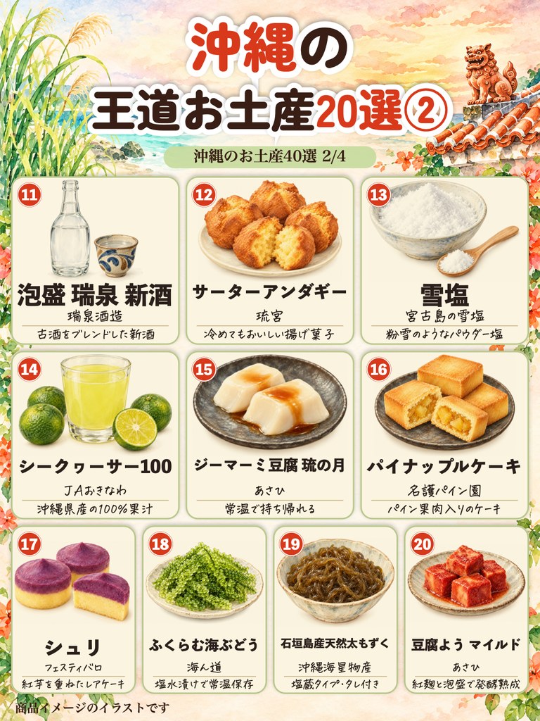 沖縄の王道お土産20選② 11〜20のイラスト(泡盛、サーターアンダギー、雪塩など)