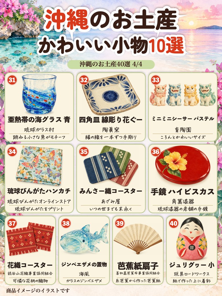 沖縄のお土産 かわいい小物10選のイラスト(琉球ガラスのグラス、やちむんの皿、シーサーなど)