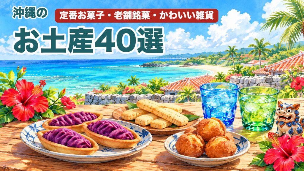 沖縄のお土産40選のアイキャッチ(沖縄の海の景色と、お菓子・雑貨のイラスト)