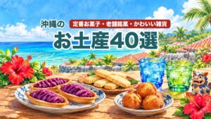 沖縄のお土産40選のアイキャッチ(沖縄の海の景色と、お菓子・雑貨のイラスト)