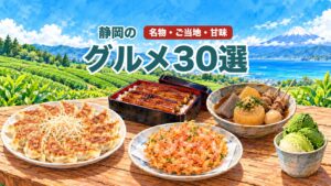 静岡グルメ30選のアイキャッチ(富士山と茶畑を背景にした、浜松餃子・うな重・静岡おでん・桜えびのかき揚げ・抹茶ジェラートのイラスト)