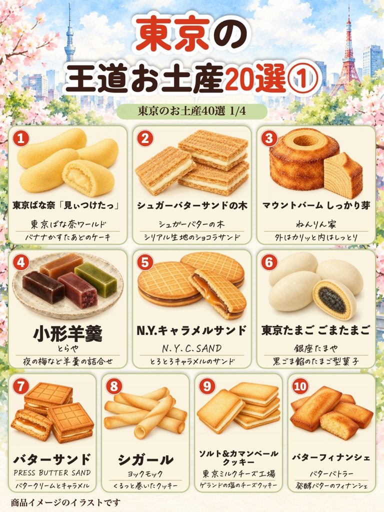 東京のお土産 定番・王道20選① 1〜10のイラスト(東京ばな奈、シュガーバターサンドの木、マウントバーム、小形羊羹など)