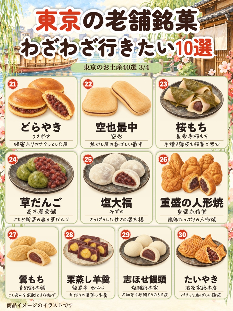 東京の老舗銘菓 わざわざ行きたい10選のイラスト(うさぎやのどらやき、空也最中、長命寺の桜もち、柴又の草だんごなど)