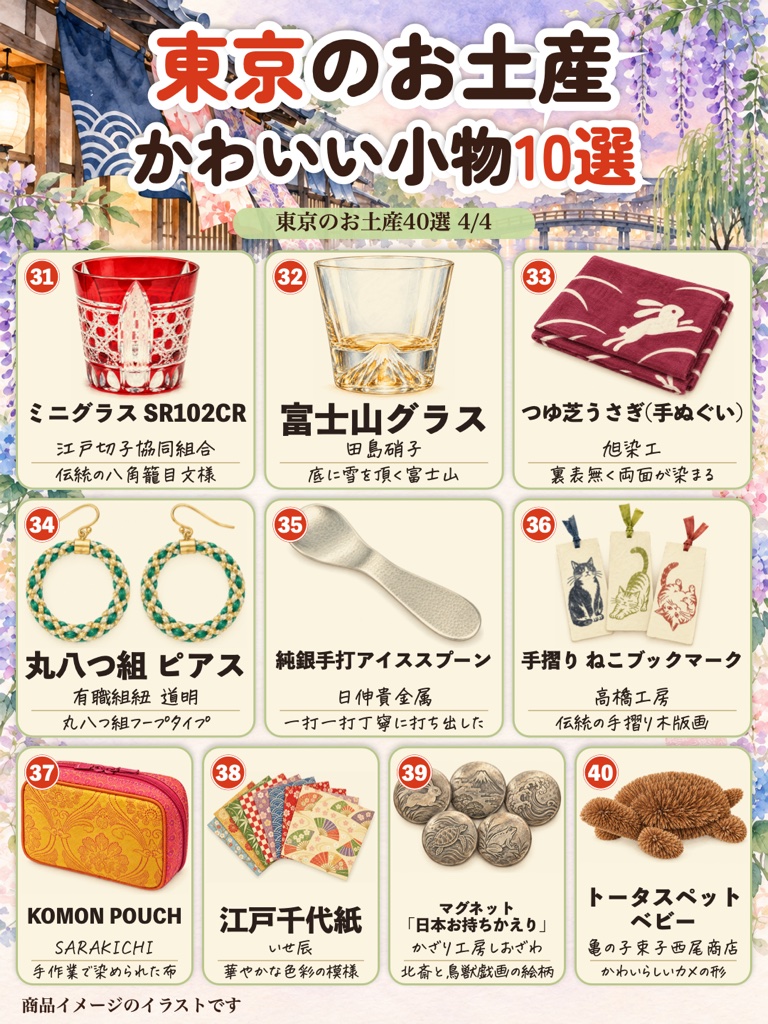 東京のお土産 かわいい小物10選のイラスト(江戸切子のグラス、富士山グラス、手ぬぐい、千代紙、亀の形のたわしなど)